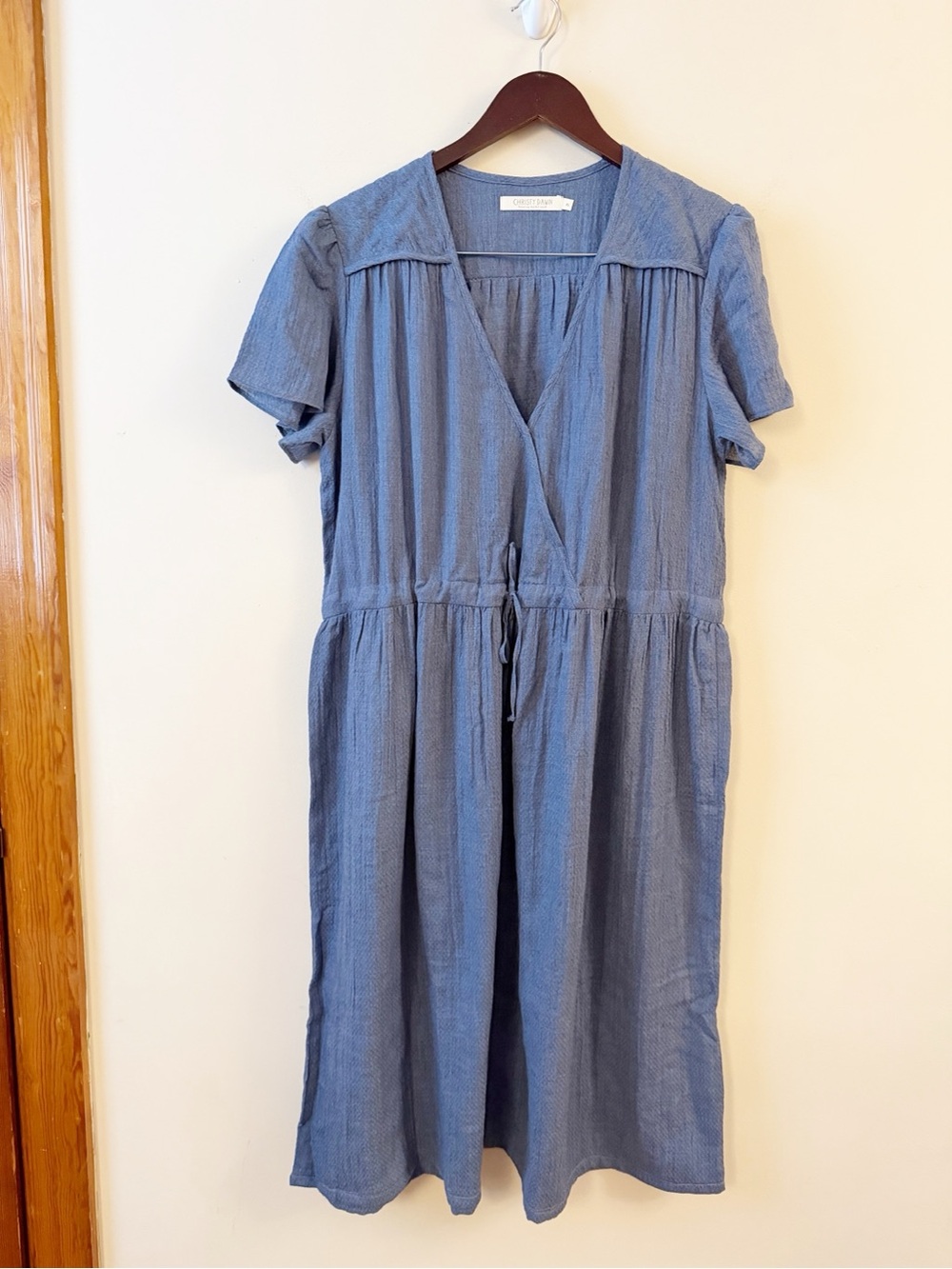 Christy Dawn Midi Dress in Blue Short Sleeves Tie Waist Size